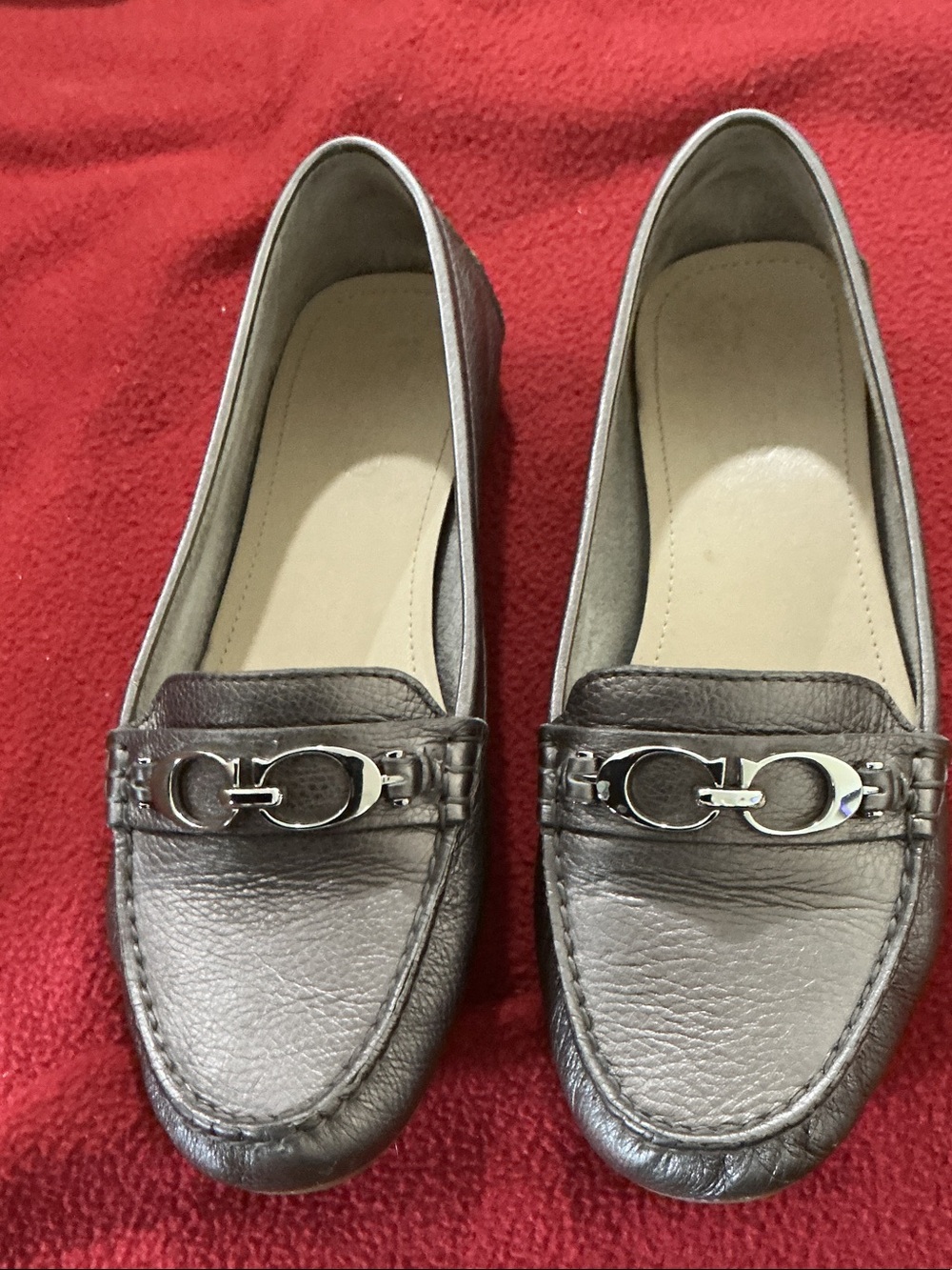 Coach Metallic Gray Leather Slip-On Loafers with Silver Hardware